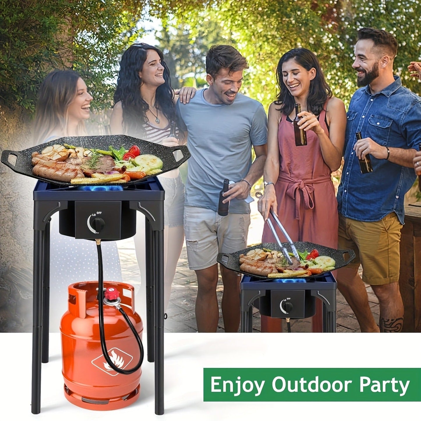 Outdoor Propane Burner Stand with One- or Three-Burner Layout, Removable Legs and 0–20 PSI Regulator Hose