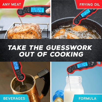 Red and Black Folding Digital Food Thermometer with Backlit Display, Calibration Mode, Unit Switch and Hanging Loop