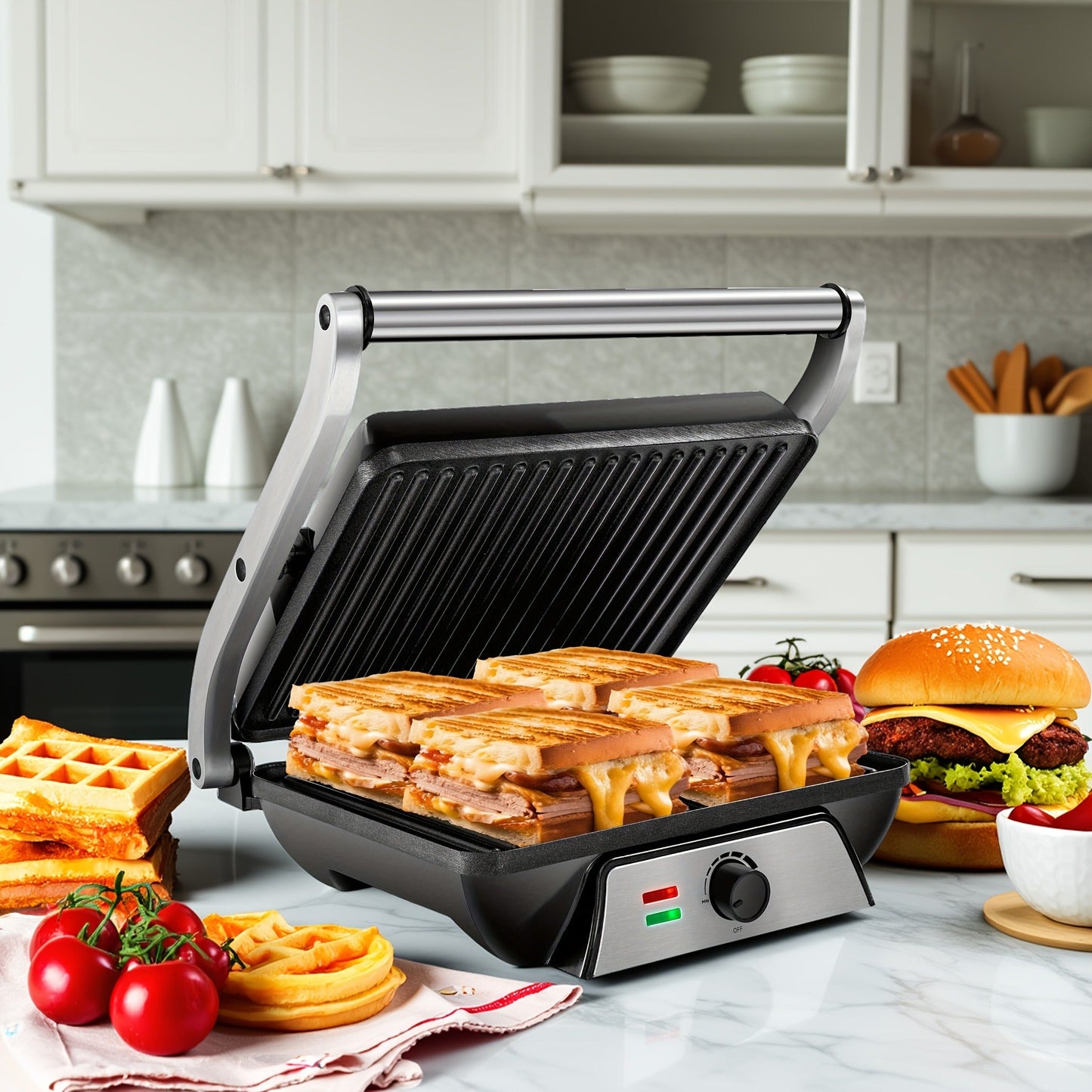 Sandwich Maker 3-in-1 Mini Indoor Grill & Panini Press – Non-Stick 180° Opening, Floating Hinge, 60-Min Timer, Temp Control & Grease Tray | Compact Electric Grill for Home & Dorm
