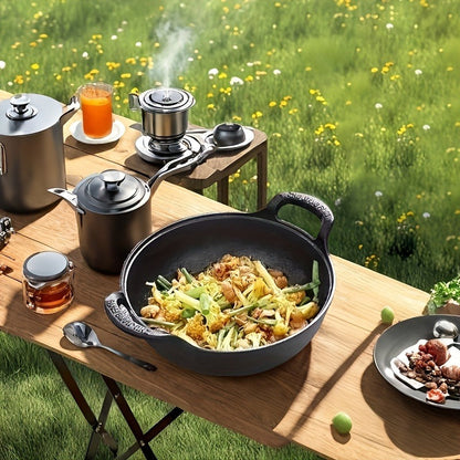20cm Cast Iron Serving Pan with Dual Loop Handles, Rounded Deep Profile and Enamel Base Layer for Oven or Stovetop Use