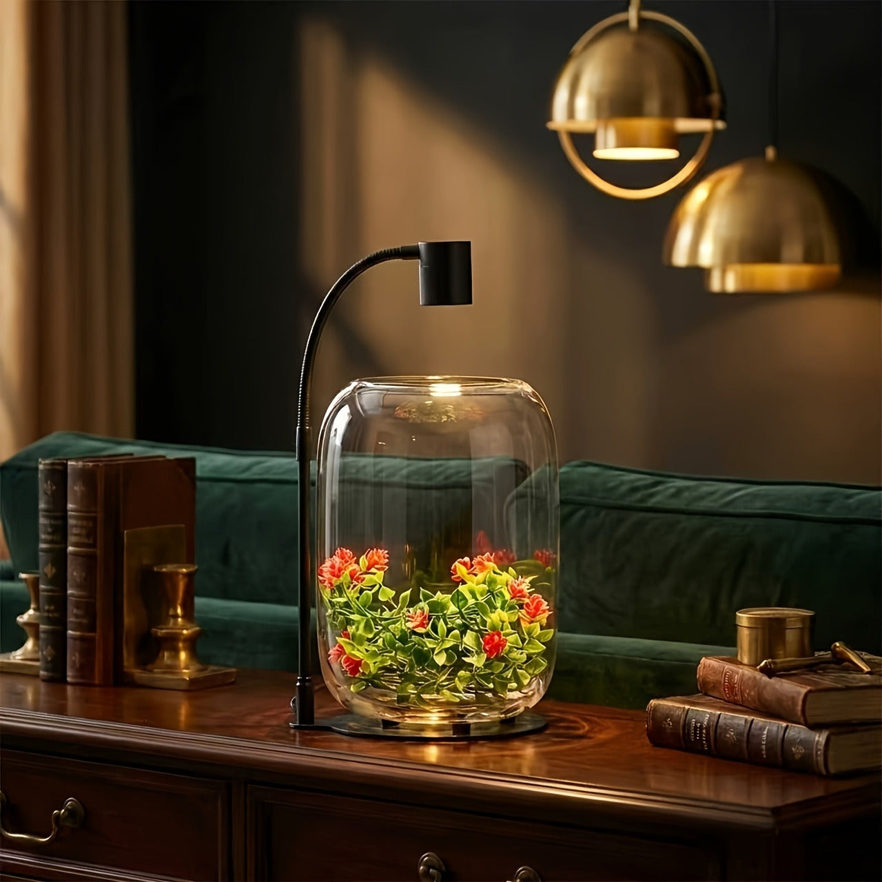 15.9 x 8.7 Inch Open-Top Glass Terrarium with USB Grow Light for Moss, Air Plants and Succulents