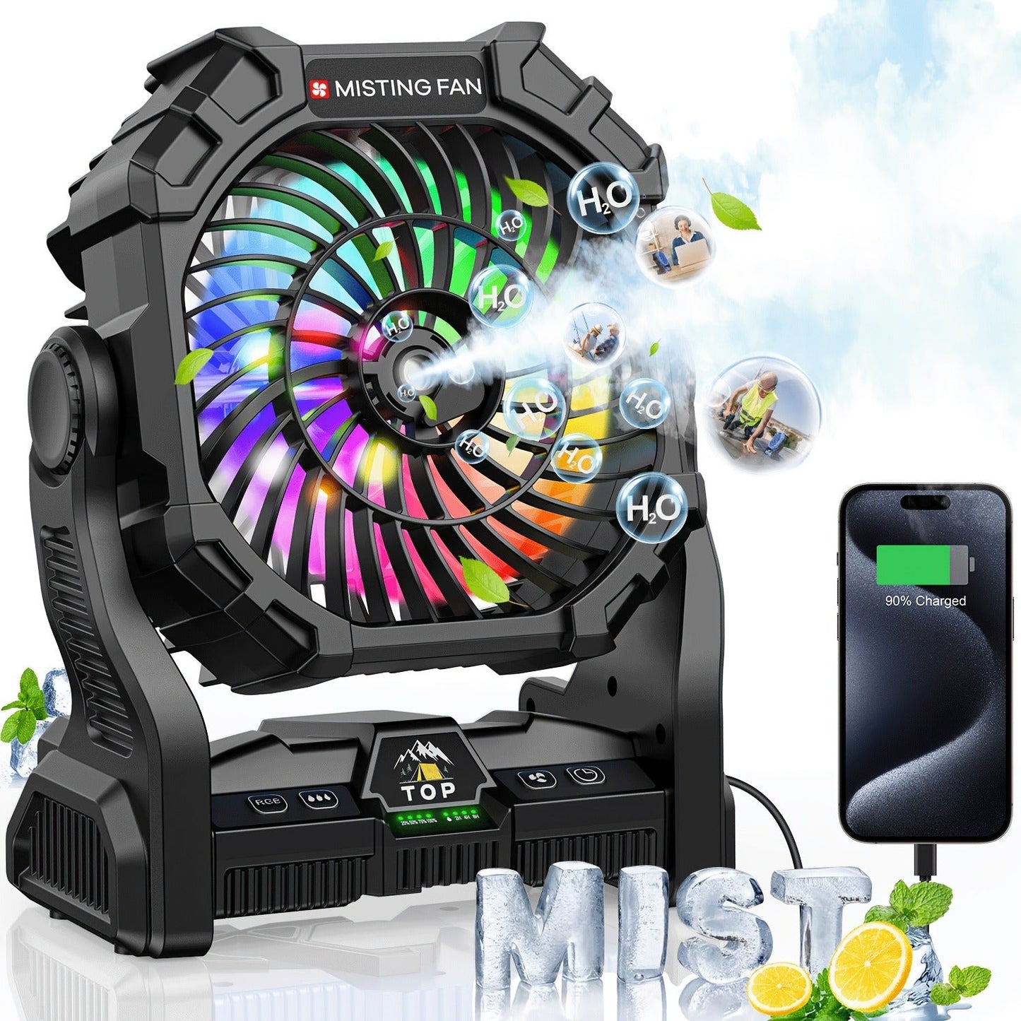 Camping Fan Rechargeable 20000mAh with Misting Solar Panel RGB Mood Light 4-Speed Tent Hook Phone Charging Portable Outdoor Fan