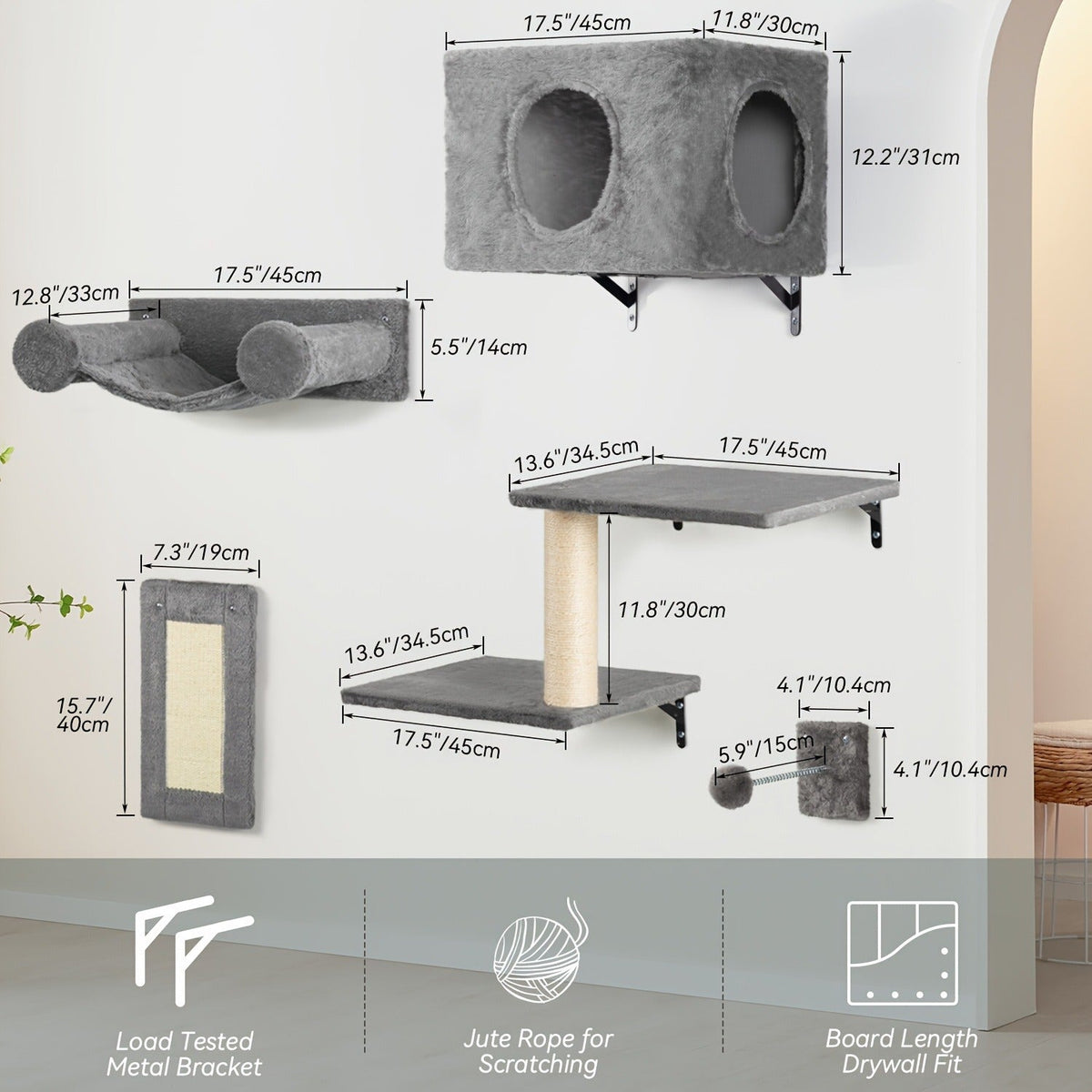 Five-Piece Wall-Mounted Cat Furniture Set with Open Perches, Suspended Bridge and Enclosed Cube