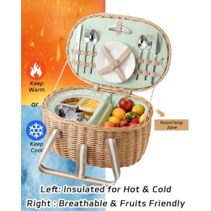 Insulated Wicker Picnic Hamper Set for Two with Cutlery, Ceramic Plates, Glasses and Cheese Board