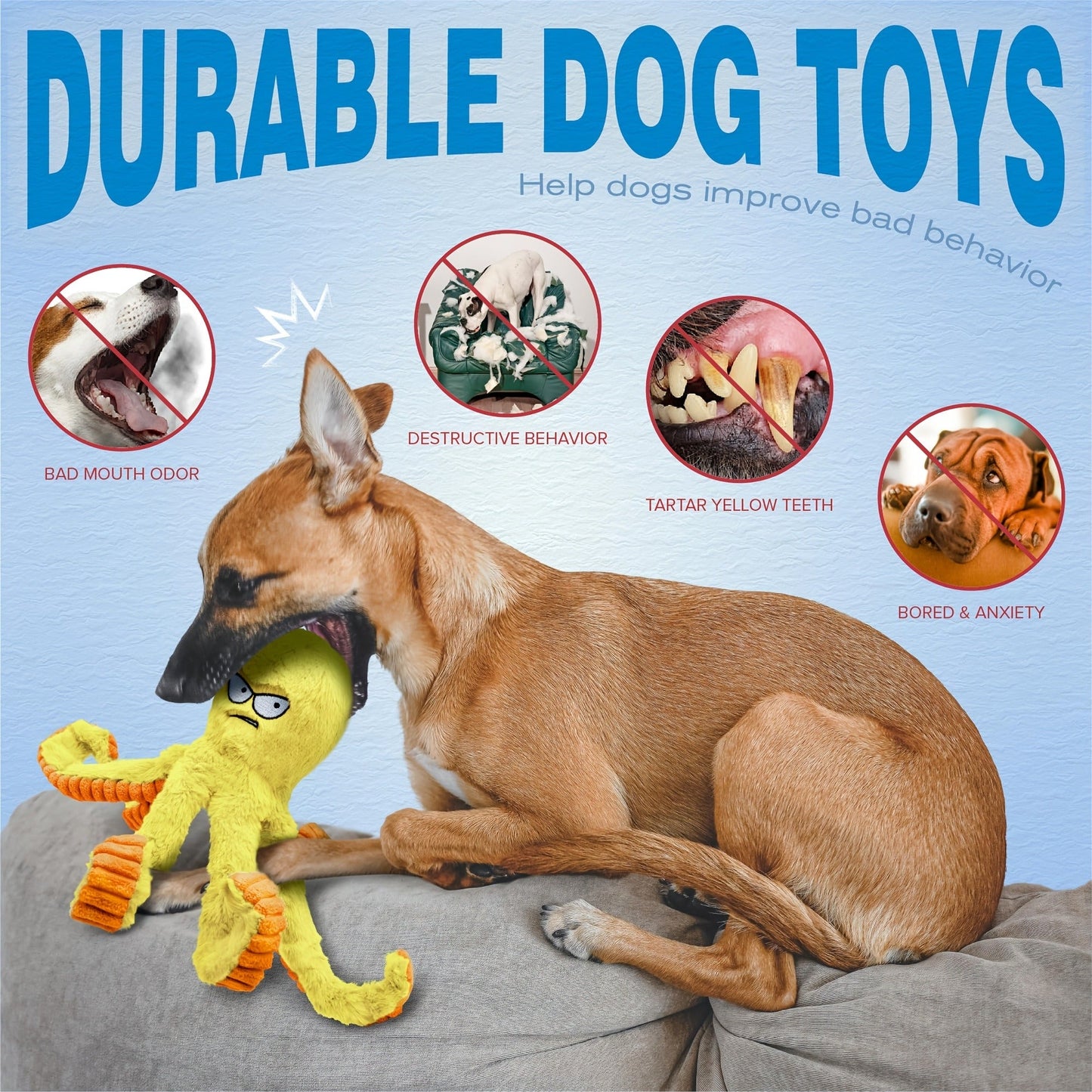 Dog Toy Octopus Plush with Built-In Squeaker and Crinkle Texture in Blue or Yellow with 1, 2 or 4-Pack Options