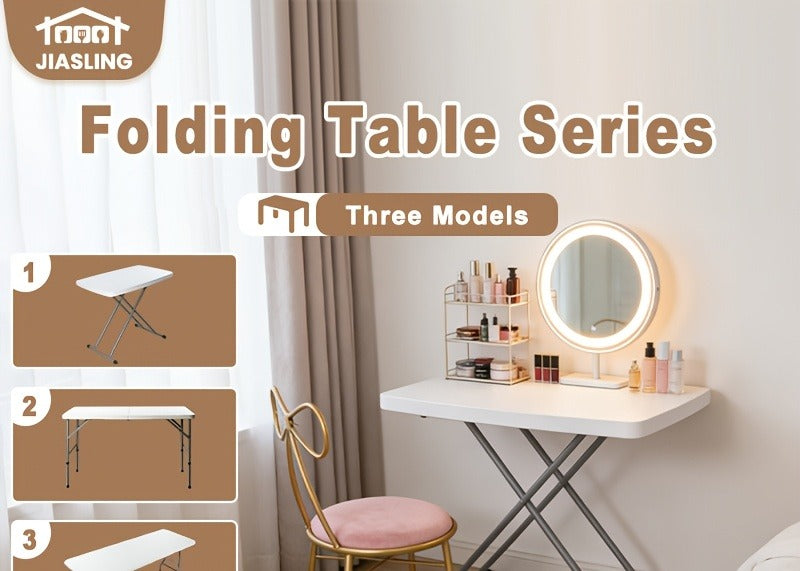 Folding Table 4ft and 6ft White Plastic Top with Black Metal Legs, Carry Handle and Adjustable Height