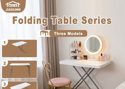 Folding Table 4ft and 6ft White Plastic Top with Black Metal Legs, Carry Handle and Adjustable Height