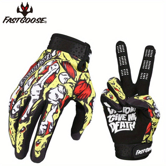 Motocross Gloves Touchscreen Full Finger - Breathable Riding Gloves with Print Design, Adjustable Wrist Closure, Road Racing & Cycling Protection (Blue/Yellow, M-XL)