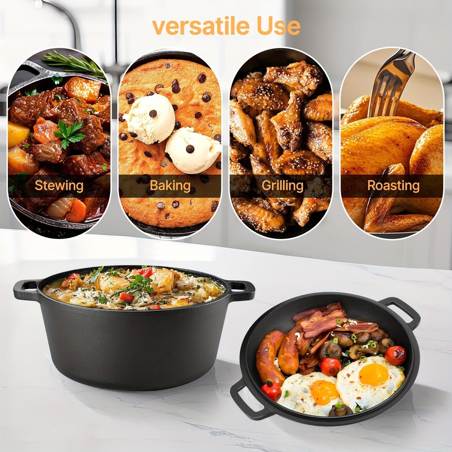 Pre-Seasoned-Labeled Cast Iron Dutch Oven with Reversible Skillet Lid, Trivet, Handle Covers and Scraper