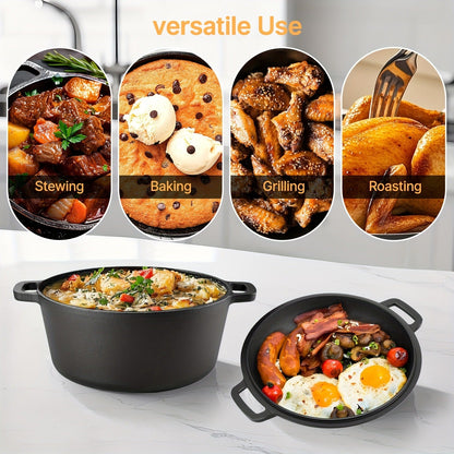 Pre-Seasoned-Labeled Cast Iron Dutch Oven with Reversible Skillet Lid, Trivet, Handle Covers and Scraper