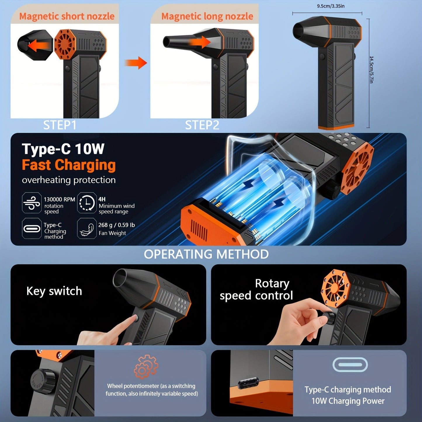 Electric Air Duster 130000RPM Rechargeable Handheld Blower, 3-Speed Wireless Turbine Fan for Computer Keyboard, Car & Home Cleaning — Black & Orange