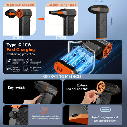Electric Air Duster 130000RPM Rechargeable Handheld Blower, 3-Speed Wireless Turbine Fan for Computer Keyboard, Car & Home Cleaning — Black & Orange