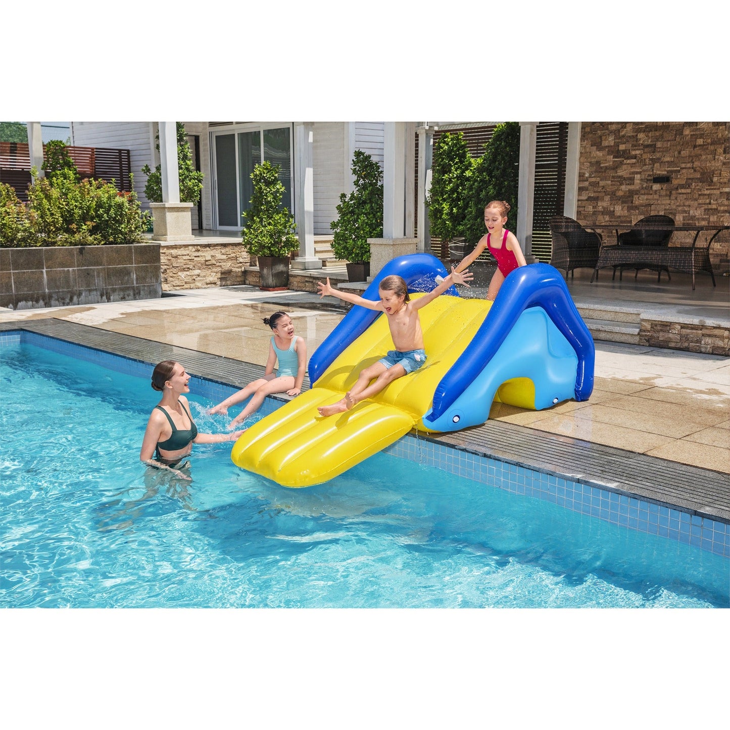Inflatable Pool Water Slide Giant – 97x49x39 Inch Backyard Waterslide with Built-In Sprinkler, 4 Water Chambers for Stability, Large Platform, PVC