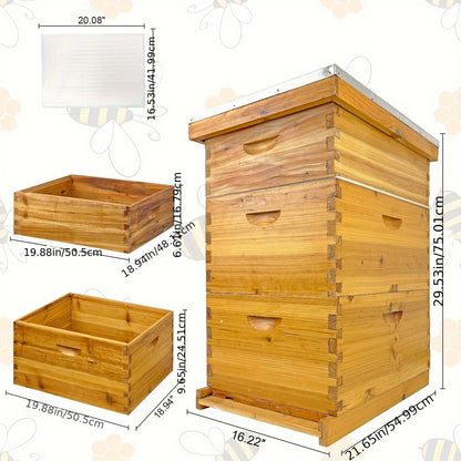 Three-Layer Langstroth-Style Beehive Box Kit with Two Deep Boxes, One Medium Box and Metal-Topped Cover