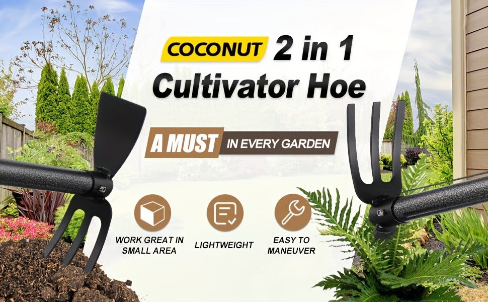 Garden Cultivator Hoe 2-in-1 60 Inch Long Handle Steel Tiller Blade & 3-Prong Cultivator Head for Weeding Tilling Loosening Soil Planting Lightweight