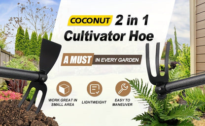 Garden Cultivator Hoe 2-in-1 60 Inch Long Handle Steel Tiller Blade & 3-Prong Cultivator Head for Weeding Tilling Loosening Soil Planting Lightweight