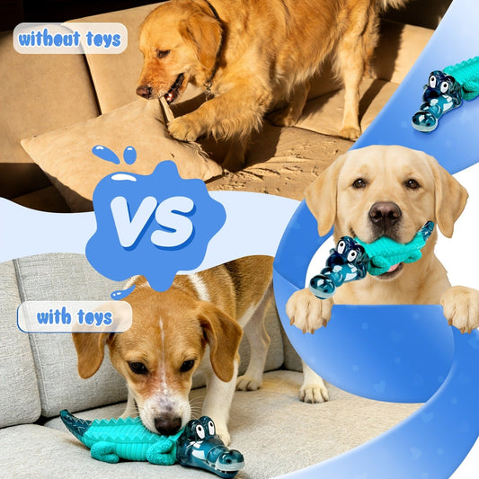 Dog Toy Blue Rubber Crocodile Chew Design with Milk Flavor, Raised Ridges and 20-100 lb Guidance