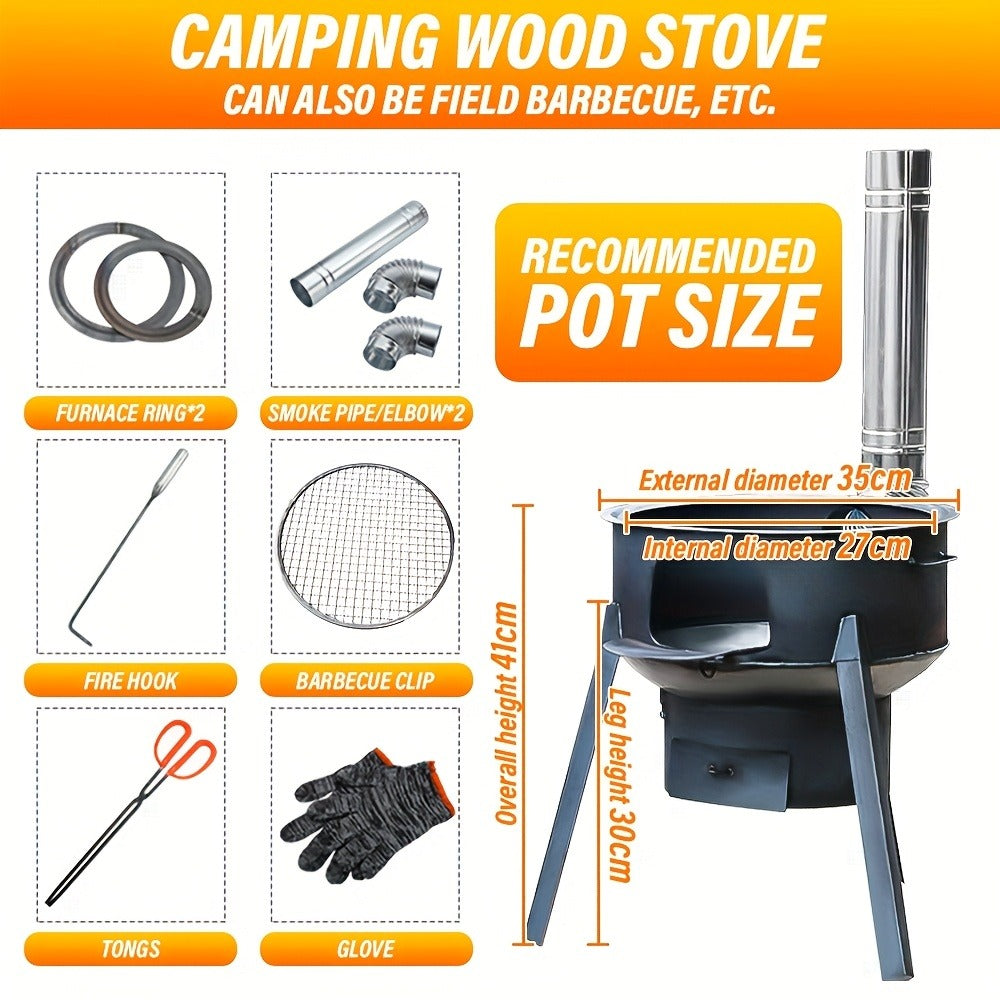 Outdoor Wood Stove with Chimney & Tripod, Heavy-Duty Metal Camping Stove for Backyard, Terrace & Campsite – Circular Design, Large Pot Compatible, 2 Sizes