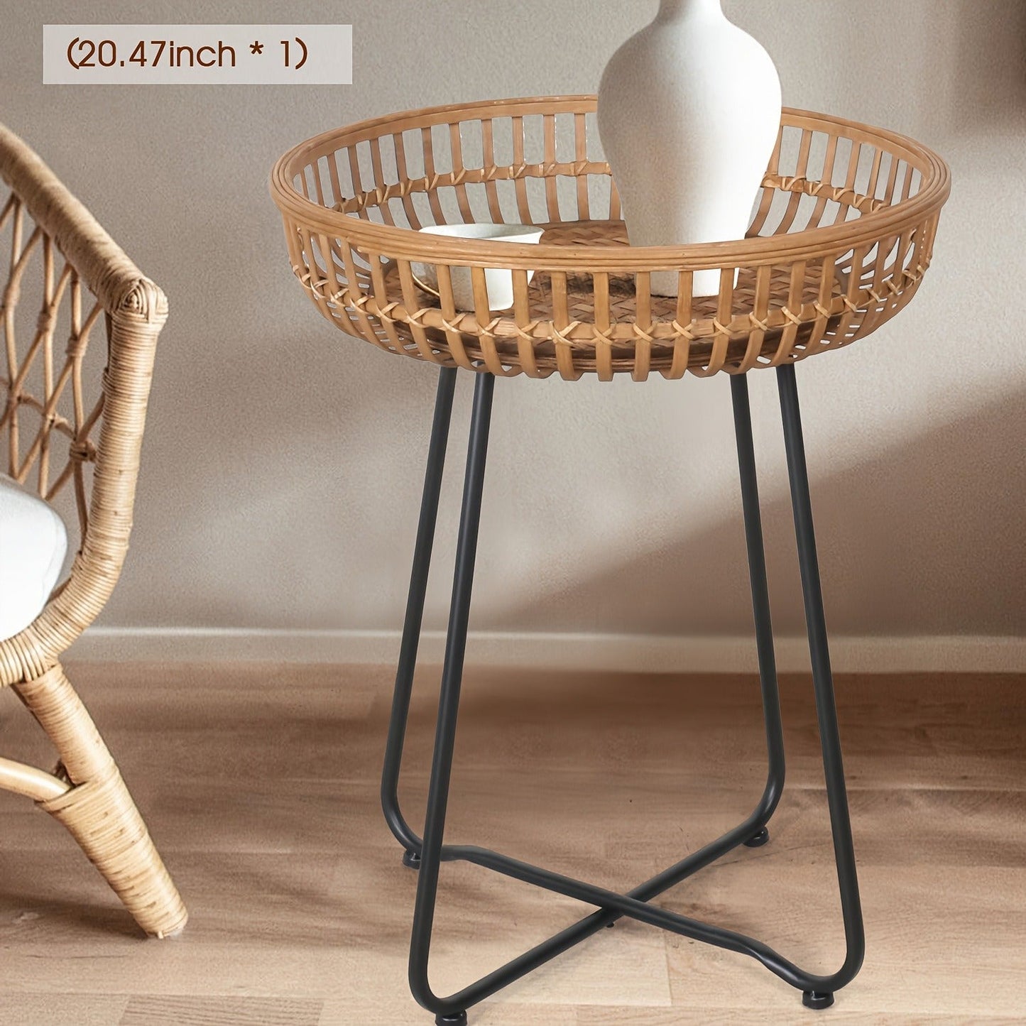 Rattan Side Table Nesting Tables Set of 2 Round Boho End Table Natural Bamboo Woven Coffee Table Metal Base for Living Room Bedroom Sofa Terrace