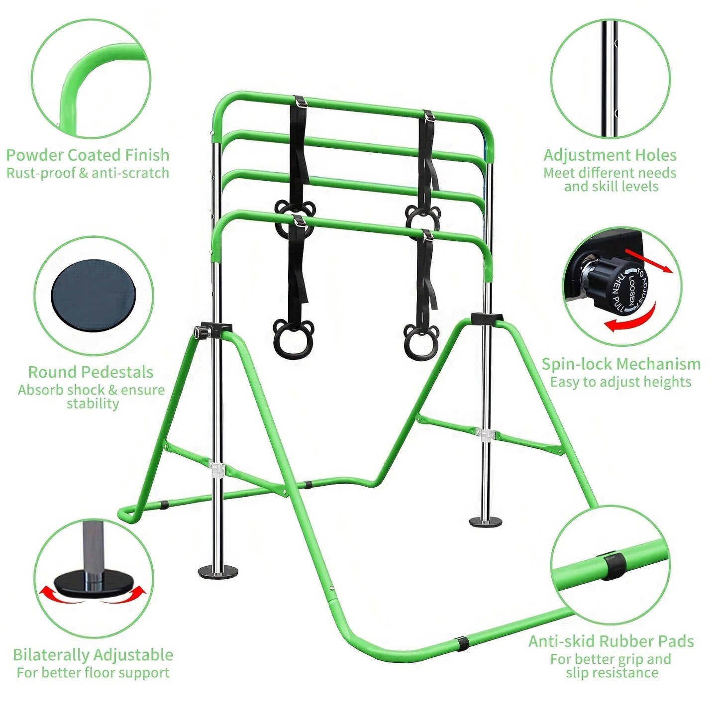 Height-Adjustable Kids Gymnastics Bar in Green or Yellow for Supervised Indoor or Outdoor Training