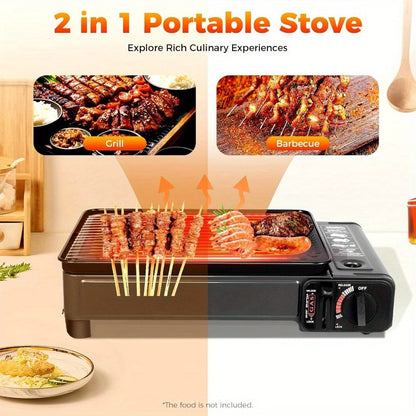 Black Dual-Fuel Tabletop Camping Grill Stove with Butane and LPG Inlets, 41.5 x 28 cm Body and Carrying Case