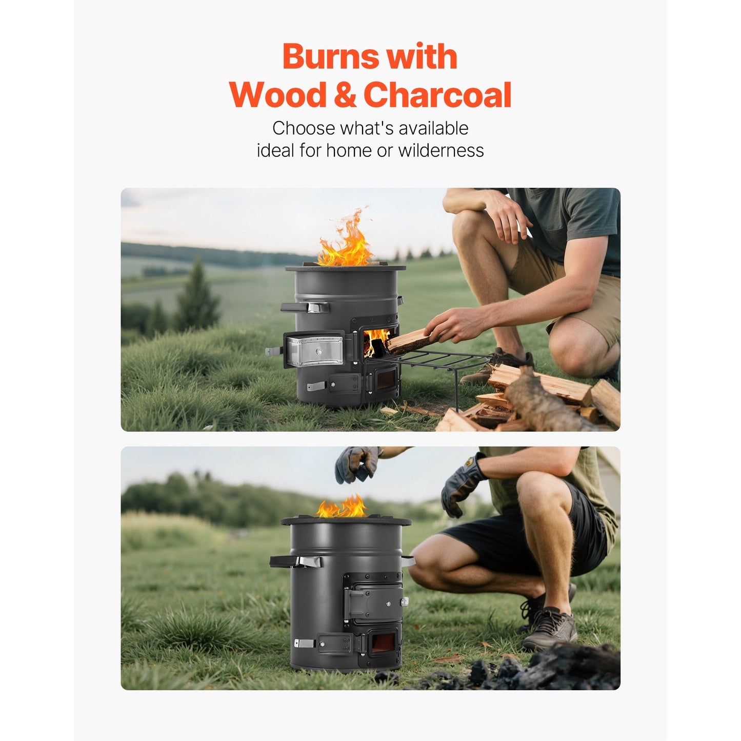 Wood Burning Rocket Stove Portable Camping Stove with Cast Iron Top, Double Door, Fireproof Lining, 16 lbs Lightweight, Canvas Bag Included, Charcoal Compatible