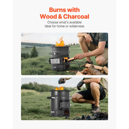 Wood Burning Rocket Stove Portable Camping Stove with Cast Iron Top, Double Door, Fireproof Lining, 16 lbs Lightweight, Canvas Bag Included, Charcoal Compatible