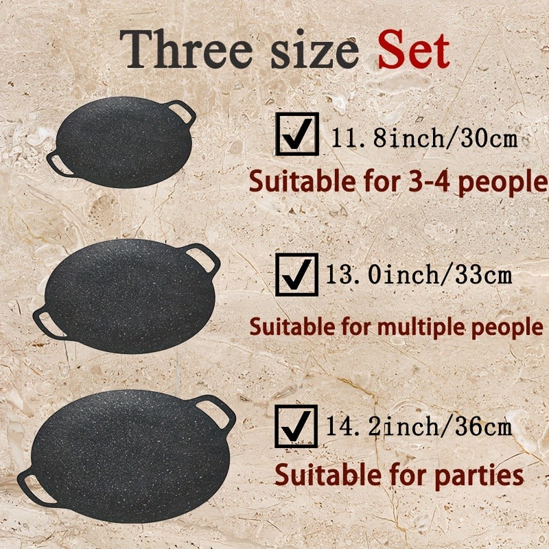 Korean BBQ Grill Pan Cast Iron 3-Piece Set – Non-Stick Portable Fry Pan for Indoor & Outdoor Use | Even Heat, Induction & Gas Compatible | 14.17", 13" & 11.81" for Steak, Pancakes & Camping