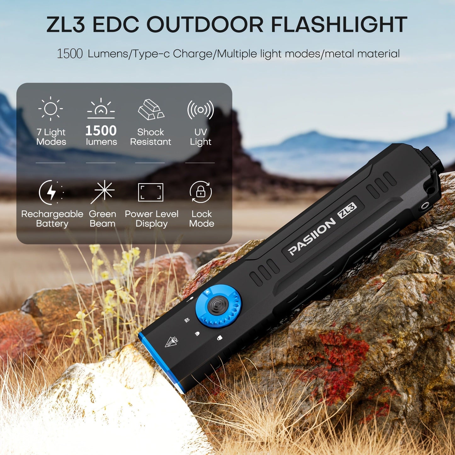 Flashlight Flat EDC Triple-Light Torch with White, Green and UV LEDs, Type-C Charging and Glass Breaker