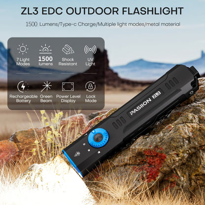 Flashlight Flat EDC Triple-Light Torch with White, Green and UV LEDs, Type-C Charging and Glass Breaker