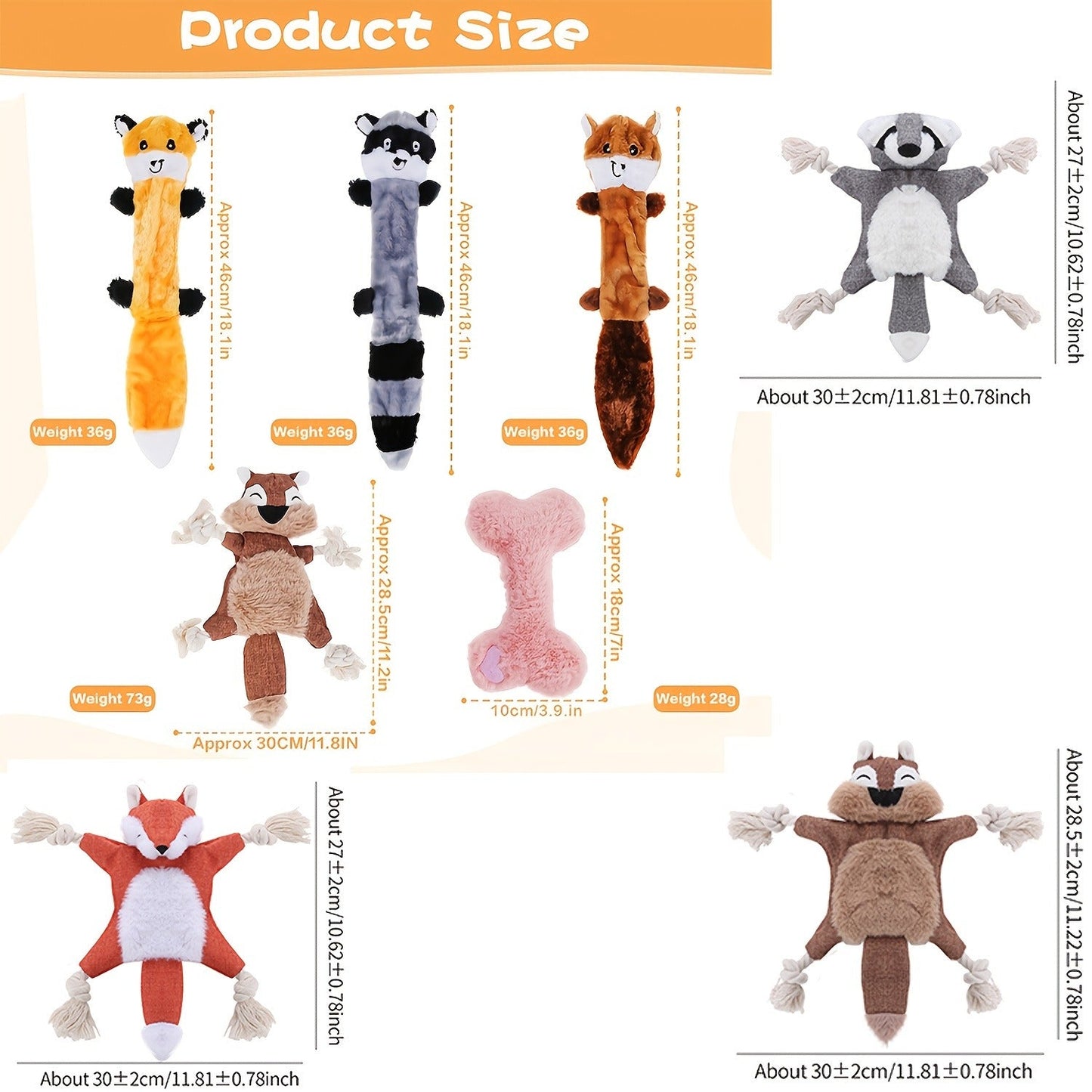 Dog Toy Plush Rope Animal-Print Squeaker Set with Random 6, 8 or 10-Piece Options and No Batteries