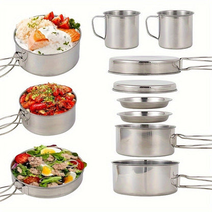 Stainless Steel Camping Cookware Set 8 Piece with Pots Pans Plates Cups and Handles - Lightweight Outdoor Cooking Kit for Camping Hiking Backpacking Open Fire Camp Kitchen Gear