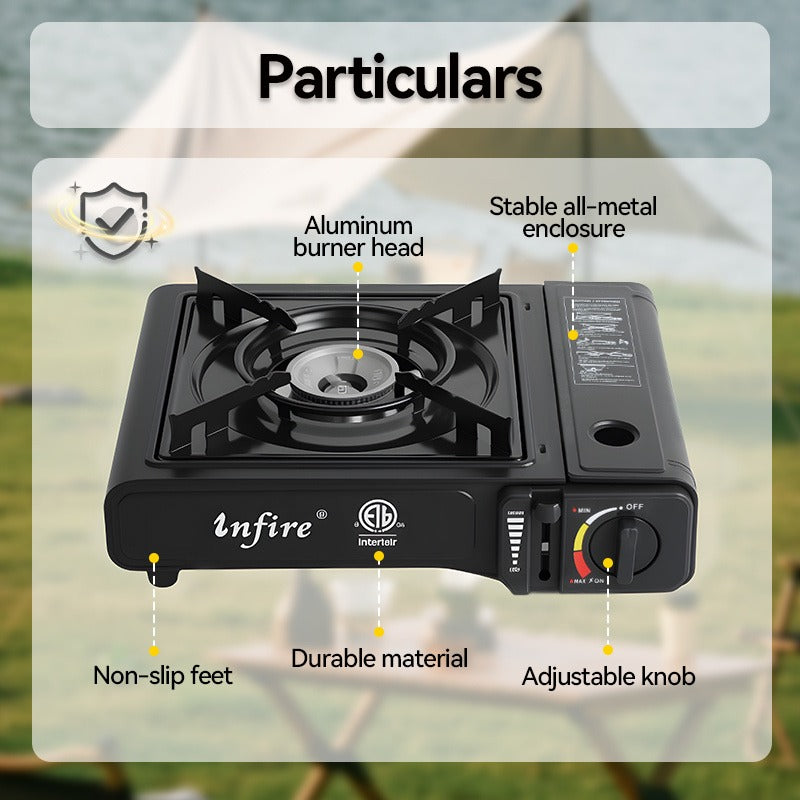 Black Single-Burner Butane Tabletop Camping Stove with Carrying Case, Adjustable Knob and US-Spec Option