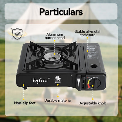 Black Single-Burner Butane Tabletop Camping Stove with Carrying Case, Adjustable Knob and US-Spec Option