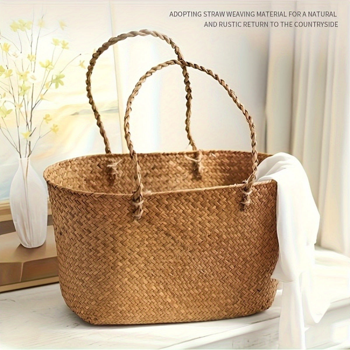 Straw Picnic Basket with Long Handles – Large Hand-Woven Vintage Shopping Basket for Beach, Outdoor Picnics & Rustic Home Decor Storage