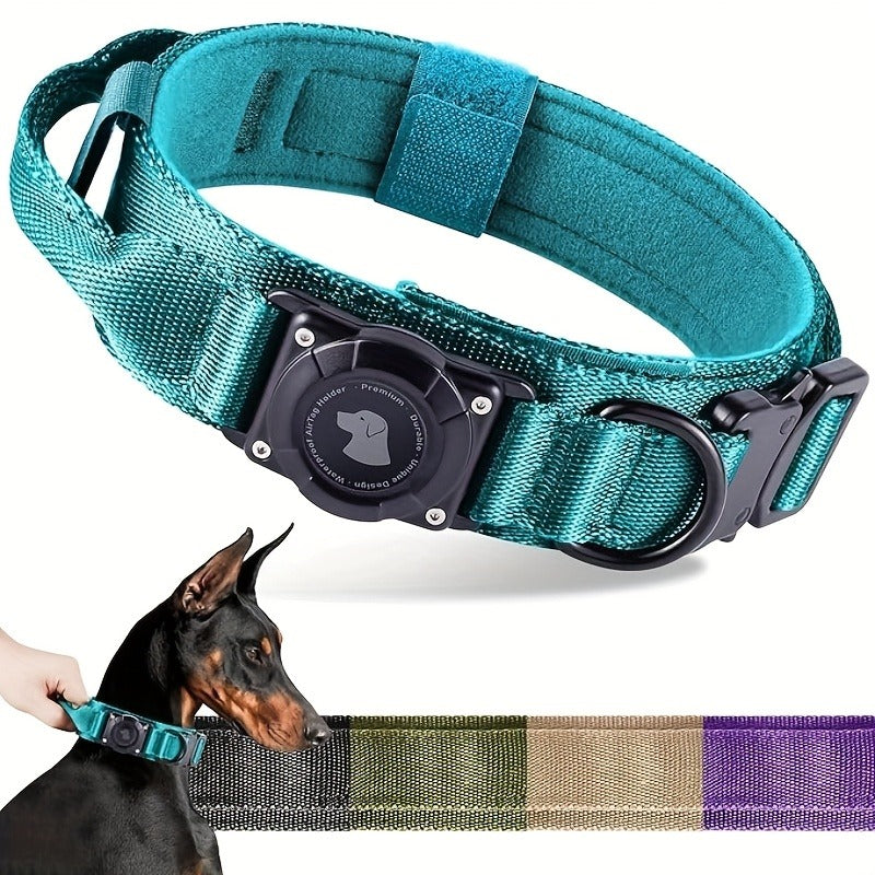 Tactical Dog Collar with Handle and Round Tracker Holder Case in Nine Colors and Sizes M to XL