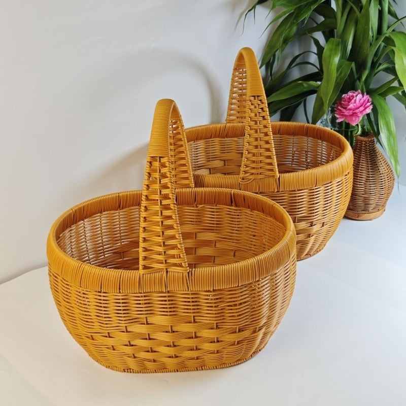 Rattan Basket Woven Shopping Basket with Handle – Extra Large Handcrafted Picnic Basket for Fruits, Eggs, Vegetables, Farmers Market & Shelf Storage, 36×28×20cm