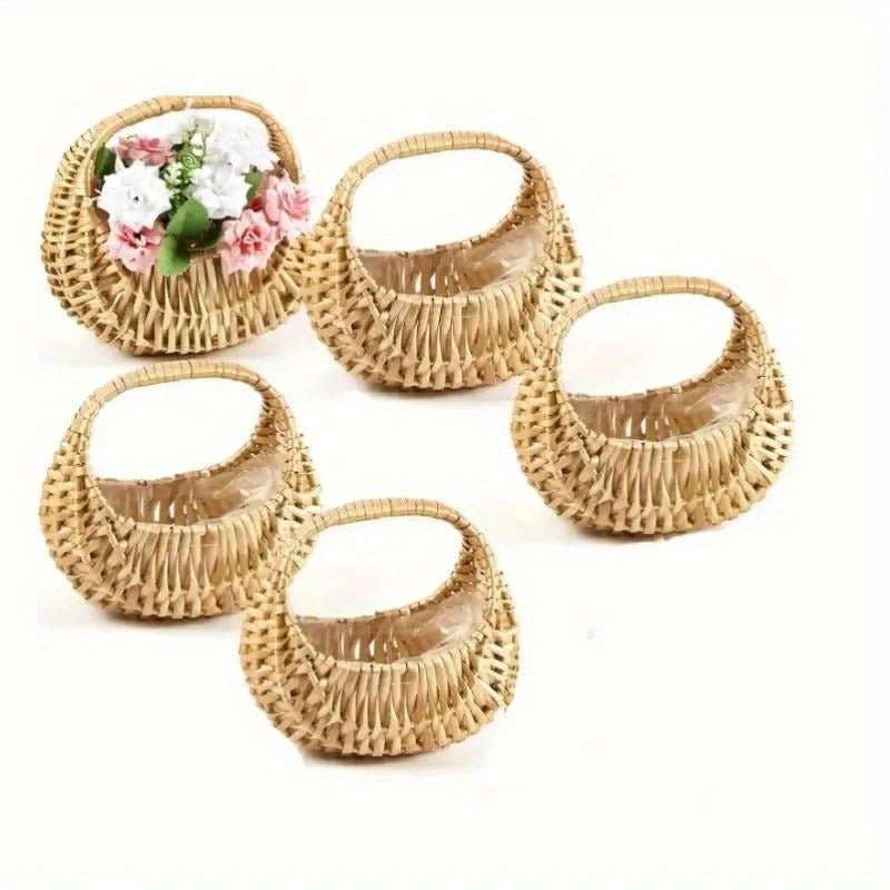 Wicker Basket Set Half Moon Shape with Handle – Small Rattan Baskets 3/5/6 Pcs for Wedding Flower, Home Decor, Garden Storage & Picnic, Plastic Liner Included, 6.7×6.5×4.3 in