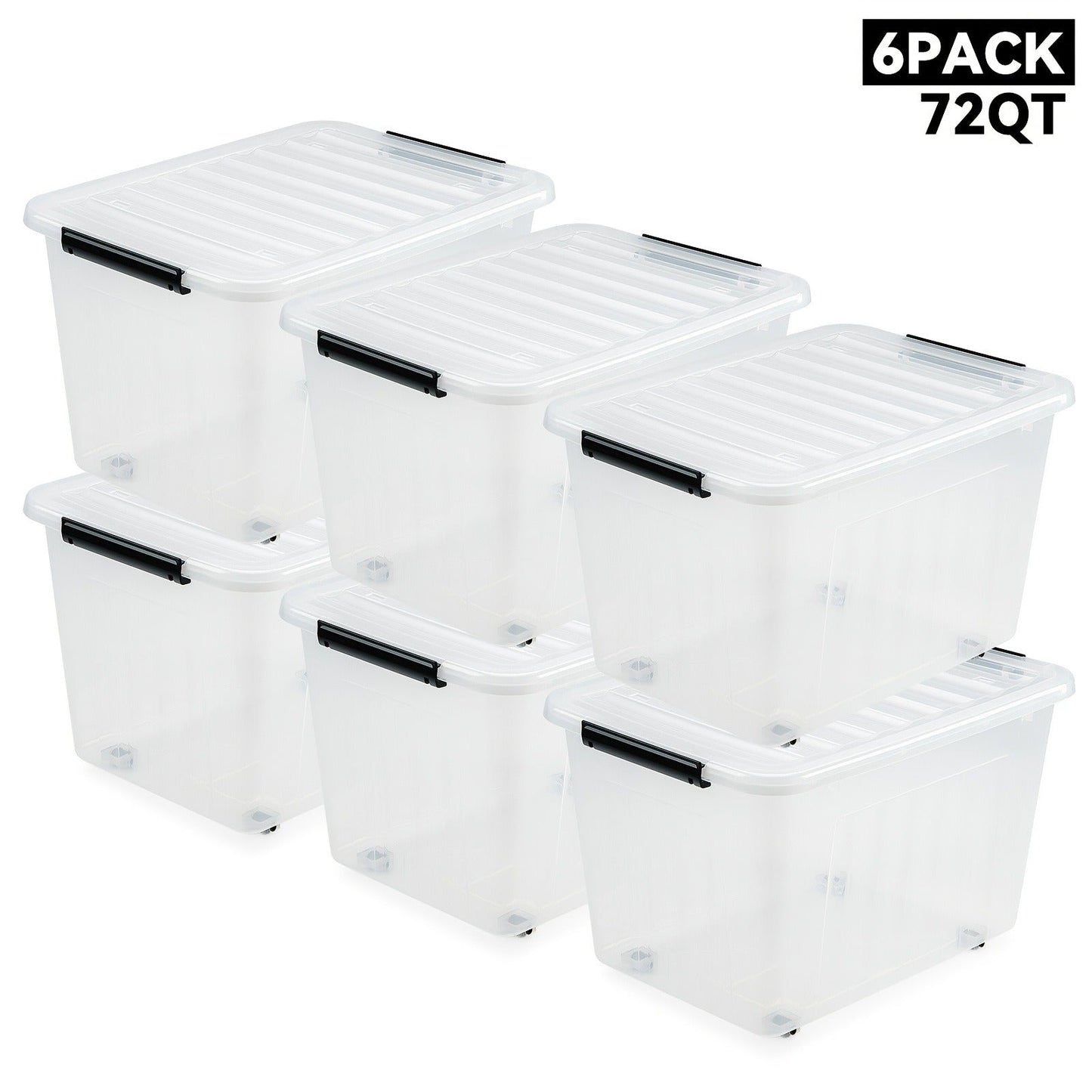 Storage Containers with Lids and Wheels | Stackable 72QT & 97QT Plastic Bins | 4 or 6 Pack | Locking Lid | Clear, Pink/White, Gray/Yellow | Home Garage