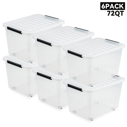 Storage Containers with Lids and Wheels | Stackable 72QT & 97QT Plastic Bins | 4 or 6 Pack | Locking Lid | Clear, Pink/White, Gray/Yellow | Home Garage