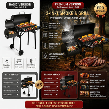 Charcoal Grill with Offset Smoker, Barrel BBQ Smoker Grill Combo for Backyard & Patio, Heavy-Duty Outdoor Charcoal Smoker with Side Firebox for Smoking, Grilling & BBQ Parties