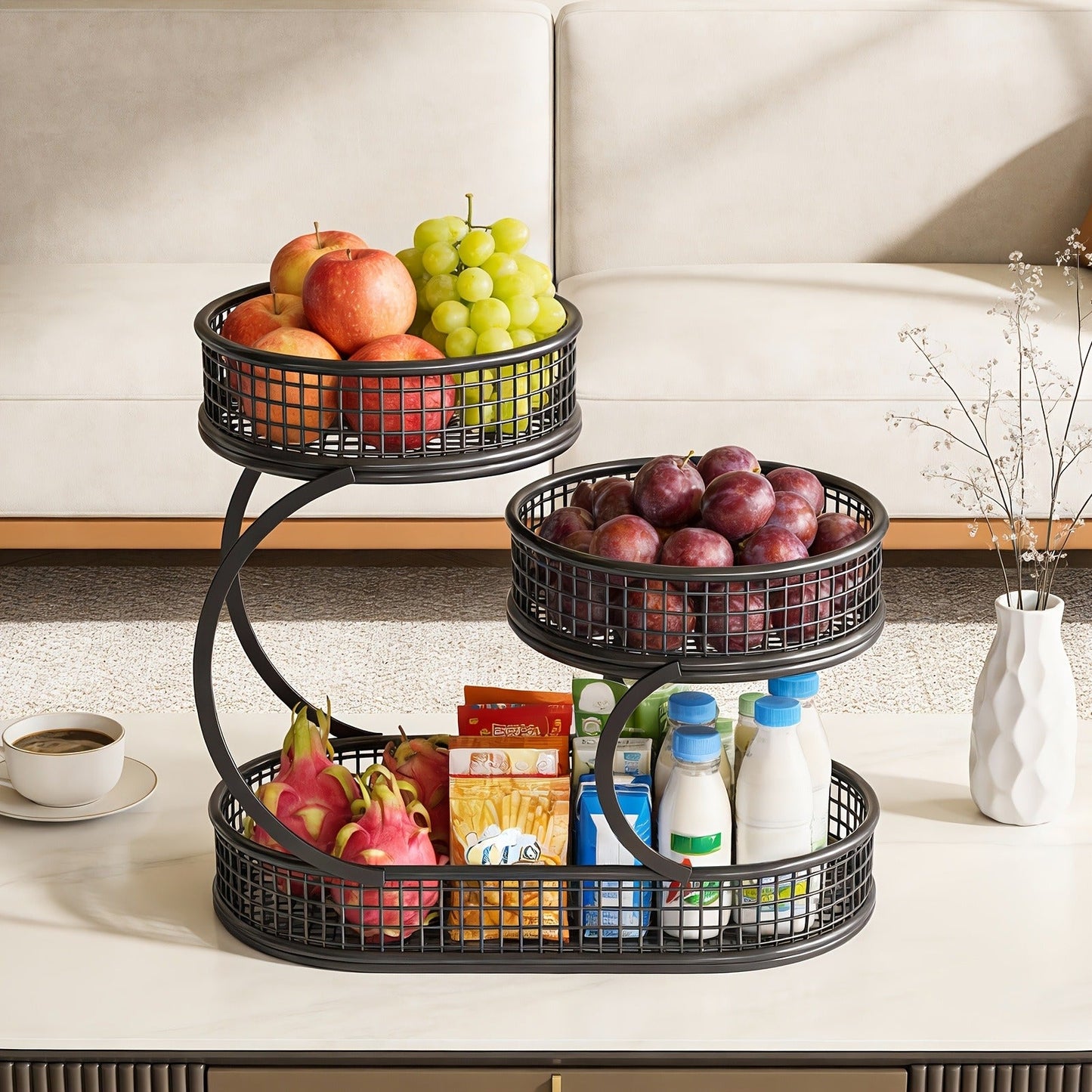 Countertop Fruit Bowl 3-Tier Round Metal Wire Stand | Kitchen Storage Organizer for Fruits Vegetables Bread Snacks | Space-Saving Produce Rack