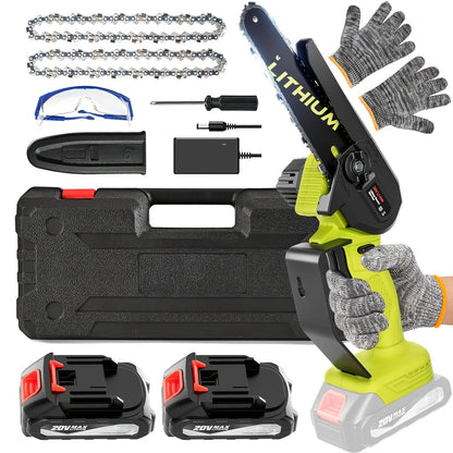 Cordless Chainsaw with Brushless Motor – 6 & 12-Inch Lithium Battery Electric Saw, Auto-Oiling, Safety Lock, Heavy-Duty Wood Cutting & Garden Tool