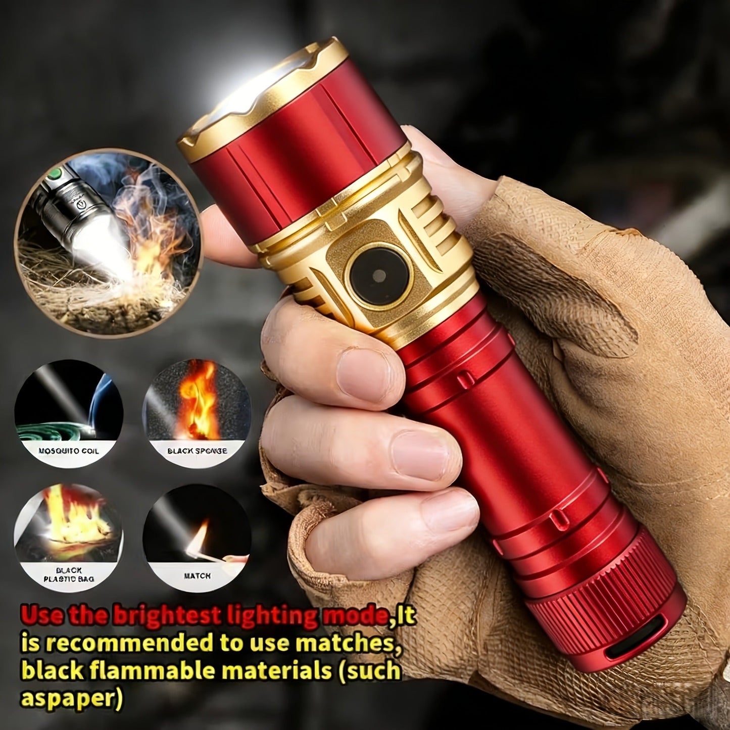 Flashlight Fresnel Lens Rechargeable Hand Torch with 21700 3500mAh Battery in Red Finish for Outdoor Use