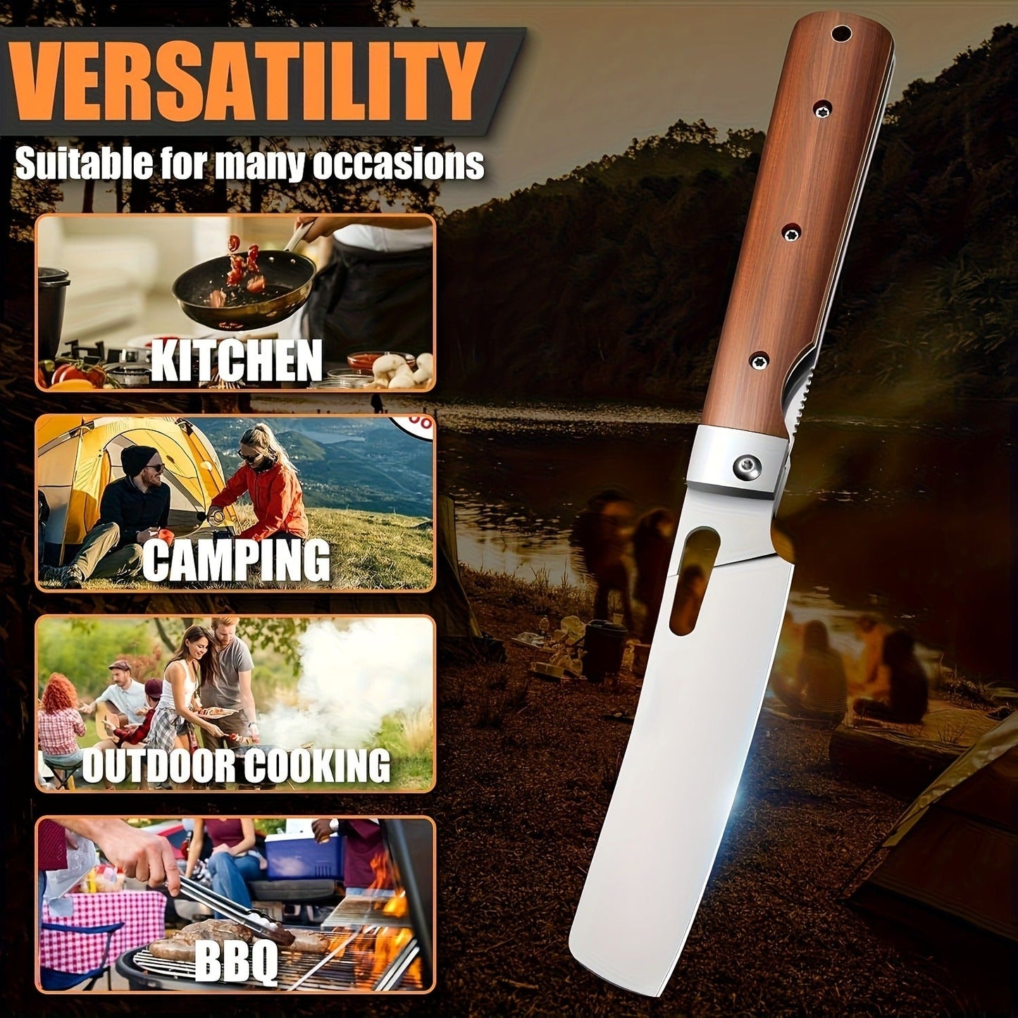 Folding Knife Nakiri 440C Stainless Steel – Ultra-Sharp Portable Chef Knife with Cocobolo Wood Handle & Liner Lock | Handcrafted Camping BBQ Kitchen Vegetable Knife Gift 12-Month Warranty