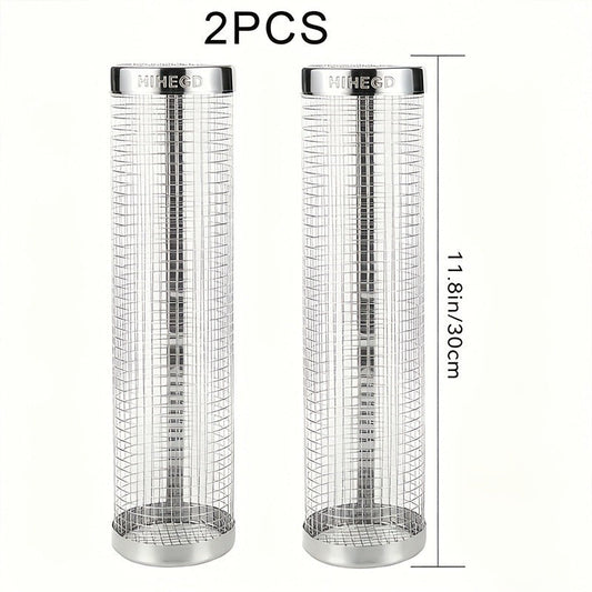 Rolling Grill Basket Stainless Steel 2-Pack – Cylinder BBQ Basket with Hook & Fork for Vegetables, Meatballs & Seafood | Outdoor Camping Bonfire Grill Accessory