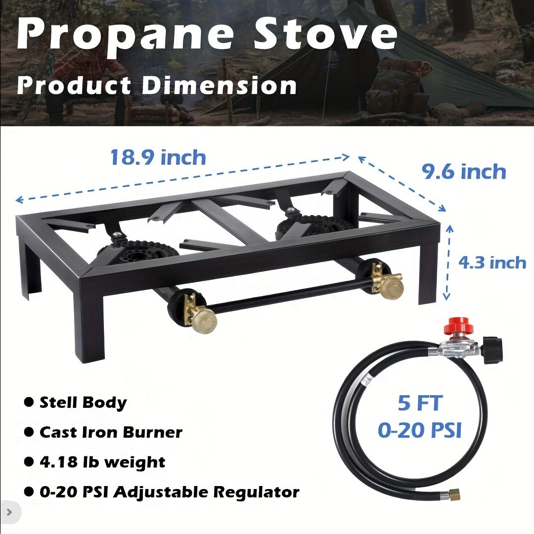 Portable Propane Burner Stove in Single or Double Burner Options with Hose and 20 PSI Regulator Shown