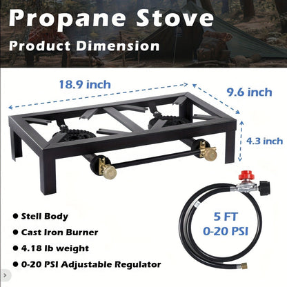 Portable Propane Burner Stove in Single or Double Burner Options with Hose and 20 PSI Regulator Shown