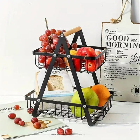 Tiered Fruit Basket with Removable Wooden Handles – 2 or 3 Tier Metal Kitchen Counter Organizer for Produce, Bread & Snacks