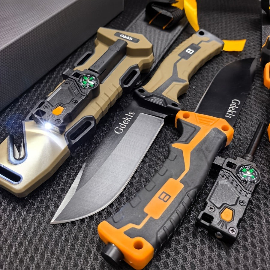 Fixed Blade Outdoor Camping Knife 9.64 Inch Stainless Steel, Survival Hunting Knife with Flint Fire Starter Night Light Sharpener Safety Sheath, Non-Slip Ambidextrous Handle for Hiking Mountaineering Adventure